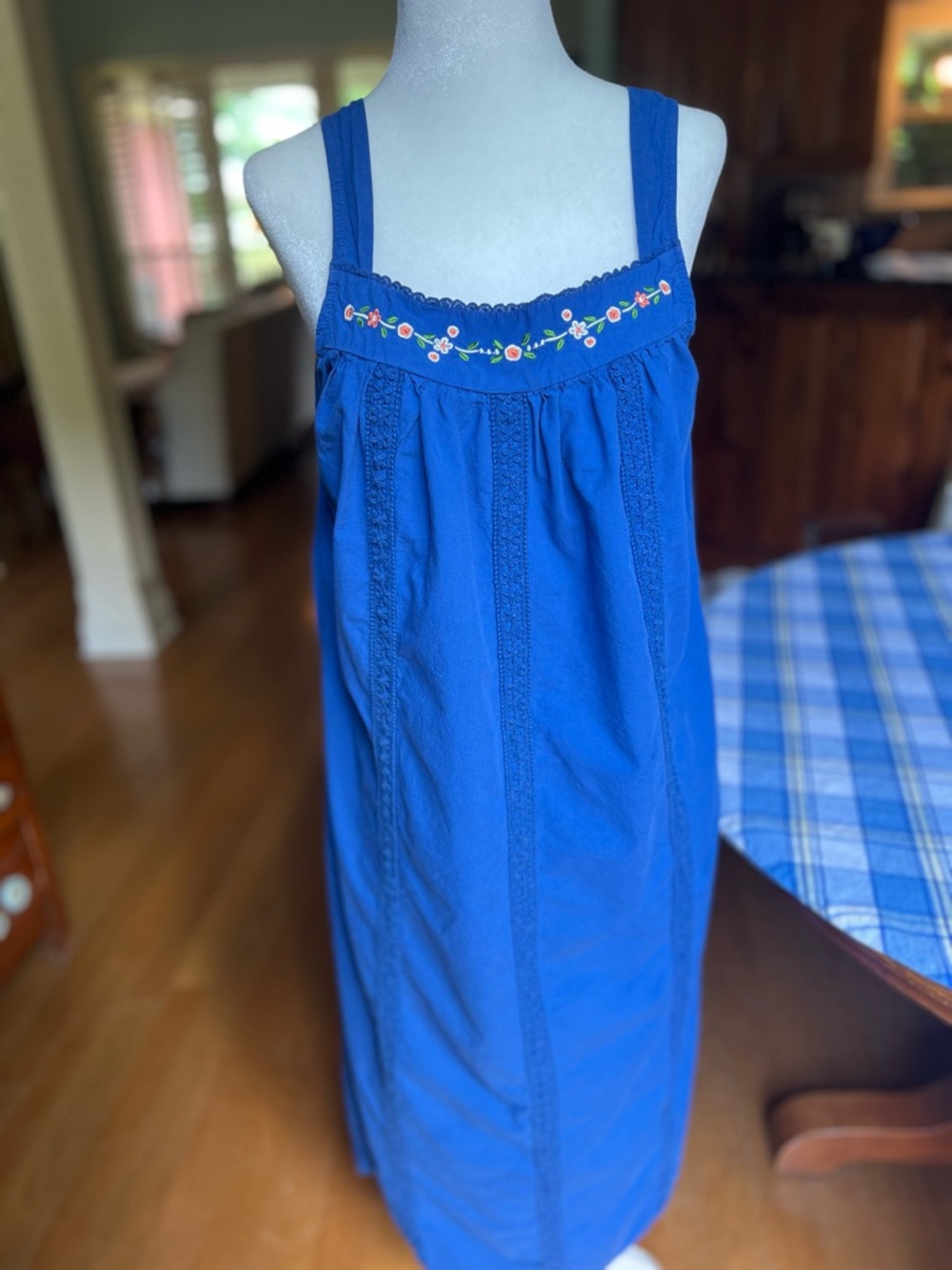 Yozly Blue Embroidered Nightgown Maxi House Dress L Cottagecore Pockets Cotton